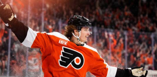 Trevor Zegras Fantasy Hockey Prediction: Is an 80-Point Season Coming With the Philadelphia Flyers? Trevor Zegras celebrates in a Philadelphia Flyers jersey ahead of his 2026-27 fantasy hockey season projection