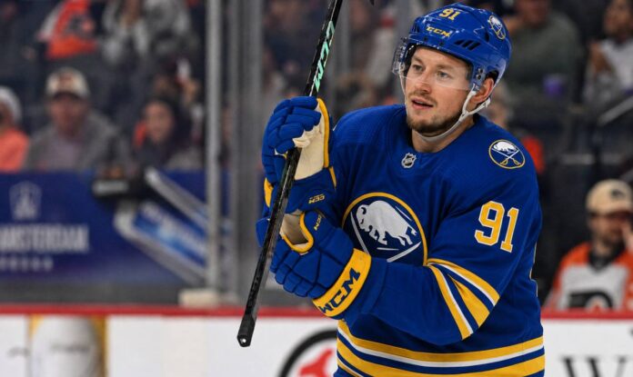 vladimir-tarasenko-buffalo-sabres-free-agent-rumor Vladimir Tarasenko wearing a Buffalo Sabres home jersey and helmet amid NHL free agency rumors