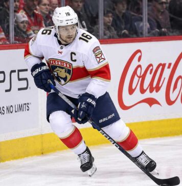 Aleksander Barkov skating with the puck for the Florida Panthers ahead of the 2026-27 NHL season and fantasy hockey comeback.