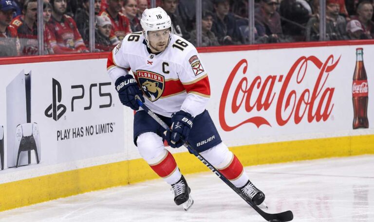 Aleksander Barkov skating with the puck for the Florida Panthers ahead of the 2026-27 NHL season and fantasy hockey comeback.