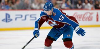 Artturi Lehkonen skating with the puck for the Colorado Avalanche during NHL action as Avalanche trade rumors grow after Cale Makar’s $163.2 million contract extension