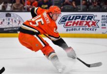Beckett Sennecke Could Be Anaheim’s Next 70-Point Breakout Beckett Sennecke of the Anaheim Ducks skates with the puck during game action beside a Super Chexx Bubble Hockey board ad in a 2026-27 fantasy hockey projection post