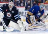 Split image of Connor Hellebuyck of the Winnipeg Jets and Ukko-Pekka Luukkonen of the Buffalo Sabres amid NHL trade rumors involving a potential Sabres-Jets goalie deal