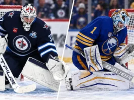 Split image of Connor Hellebuyck of the Winnipeg Jets and Ukko-Pekka Luukkonen of the Buffalo Sabres amid NHL trade rumors involving a potential Sabres-Jets goalie deal