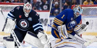 Split image of Connor Hellebuyck of the Winnipeg Jets and Ukko-Pekka Luukkonen of the Buffalo Sabres amid NHL trade rumors involving a potential Sabres-Jets goalie deal