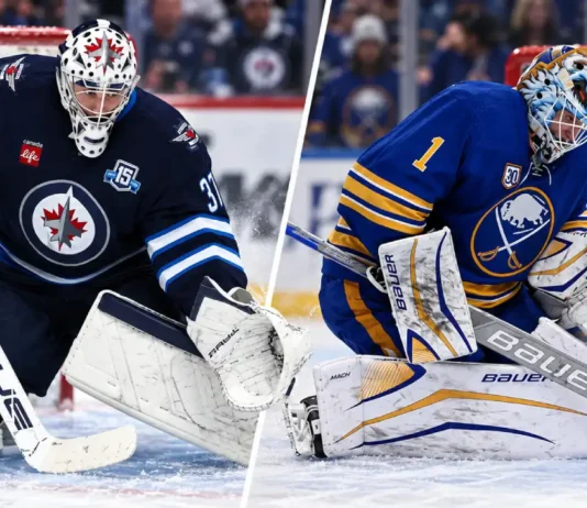 Split image of Connor Hellebuyck of the Winnipeg Jets and Ukko-Pekka Luukkonen of the Buffalo Sabres amid NHL trade rumors involving a potential Sabres-Jets goalie deal