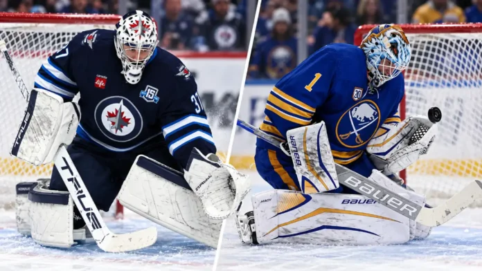 connor-hellebuyck-buffalo-sabres-trade-rumors Split image of Connor Hellebuyck of the Winnipeg Jets and Ukko-Pekka Luukkonen of the Buffalo Sabres amid NHL trade rumors involving a potential Sabres-Jets goalie deal