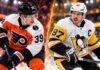 Pittsburgh Penguins vs. Philadelphia Flyers Fantasy Hockey Prediction: Players to Watch, Score Pick & How to Watch Matvei Michkov and Sidney Crosby featured in a split image for the Philadelphia Flyers vs. Pittsburgh Penguins fantasy hockey prediction.