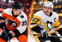 Pittsburgh Penguins vs. Philadelphia Flyers Fantasy Hockey Prediction: Players to Watch, Score Pick & How to Watch Matvei Michkov and Sidney Crosby featured in a split image for the Philadelphia Flyers vs. Pittsburgh Penguins fantasy hockey prediction.