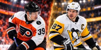 Matvei Michkov and Sidney Crosby featured in a split image for the Philadelphia Flyers vs. Pittsburgh Penguins fantasy hockey prediction.