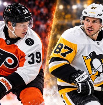 Matvei Michkov and Sidney Crosby featured in a split image for the Philadelphia Flyers vs. Pittsburgh Penguins fantasy hockey prediction.