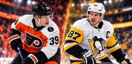 Matvei Michkov and Sidney Crosby featured in a split image for the Philadelphia Flyers vs. Pittsburgh Penguins fantasy hockey prediction.