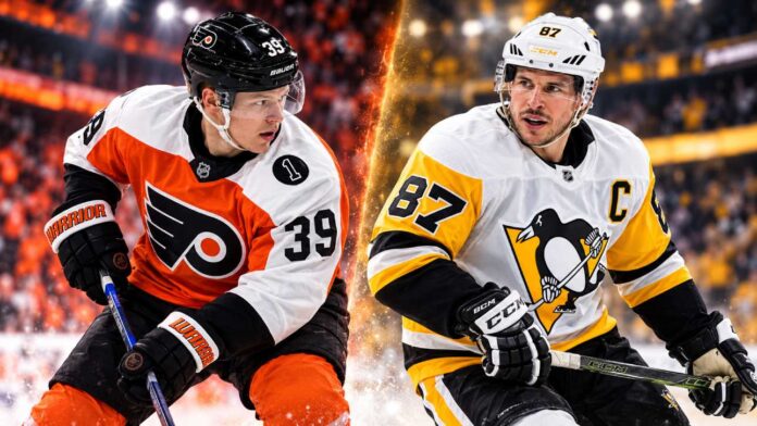 crosby-michkov-penguins-flyers-fantasy-prediction Matvei Michkov and Sidney Crosby featured in a split image for the Philadelphia Flyers vs. Pittsburgh Penguins fantasy hockey prediction.