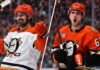 Could Cutter Gauthier’s Contract Force the Anaheim Ducks to Trade Chris Kreider? Split image of Chris Kreider and Cutter Gauthier in Anaheim Ducks uniforms during an NHL trade rumors feature about Anaheim Ducks salary cap pressure