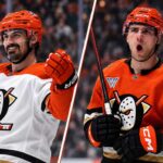 Could Cutter Gauthier’s Contract Force the Anaheim Ducks to Trade Chris Kreider? Split image of Chris Kreider and Cutter Gauthier in Anaheim Ducks uniforms during an NHL trade rumors feature about Anaheim Ducks salary cap pressure