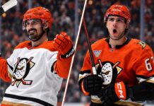 Could Cutter Gauthier’s Contract Force the Anaheim Ducks to Trade Chris Kreider? Split image of Chris Kreider and Cutter Gauthier in Anaheim Ducks uniforms during an NHL trade rumors feature about Anaheim Ducks salary cap pressure