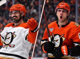 Could Cutter Gauthier’s Contract Force the Anaheim Ducks to Trade Chris Kreider? Split image of Chris Kreider and Cutter Gauthier in Anaheim Ducks uniforms during an NHL trade rumors feature about Anaheim Ducks salary cap pressure