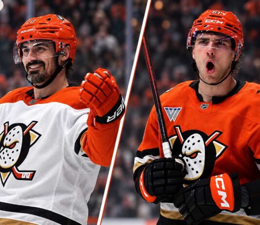 Could Cutter Gauthier’s Contract Force the Anaheim Ducks to Trade Chris Kreider? Split image of Chris Kreider and Cutter Gauthier in Anaheim Ducks uniforms during an NHL trade rumors feature about Anaheim Ducks salary cap pressure
