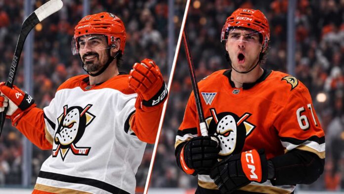 cutter-gauthier-chris-kreider-anaheim-ducks-trade-rumors Split image of Chris Kreider and Cutter Gauthier in Anaheim Ducks uniforms during an NHL trade rumors feature about Anaheim Ducks salary cap pressure