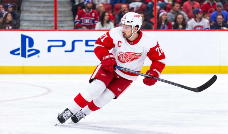 Dylan Larkin of the Detroit Red Wings skating past Montreal Canadiens fans as Canadiens trade rumors continue to link him to Montreal.