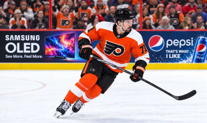 dylan-larkin-philadelphia-flyers-trade-rumors-2026 Dylan Larkin in a Philadelphia Flyers home jersey amid NHL trade rumors linking the Detroit Red Wings center to Philadelphia.