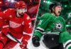 Dylan Larkin Trade Rumors: Are the Dallas Stars Back in Play? Split image of Detroit Red Wings captain Dylan Larkin and Dallas Stars forward Jason Robertson in an NHL trade-rumor concept image highlighting speculation about a possible Red Wings and Stars blockbuster before training camp.