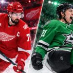 Dylan Larkin Trade Rumors: Are the Dallas Stars Back in Play? Split image of Detroit Red Wings captain Dylan Larkin and Dallas Stars forward Jason Robertson in an NHL trade-rumor concept image highlighting speculation about a possible Red Wings and Stars blockbuster before training camp.