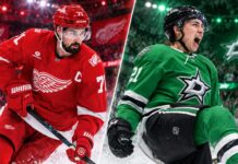 Dylan Larkin Trade Rumors: Are the Dallas Stars Back in Play? Split image of Detroit Red Wings captain Dylan Larkin and Dallas Stars forward Jason Robertson in an NHL trade-rumor concept image highlighting speculation about a possible Red Wings and Stars blockbuster before training camp.