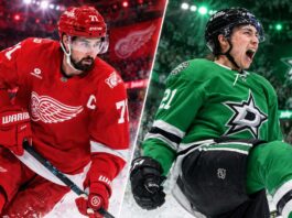 Dylan Larkin Trade Rumors: Are the Dallas Stars Back in Play? Split image of Detroit Red Wings captain Dylan Larkin and Dallas Stars forward Jason Robertson in an NHL trade-rumor concept image highlighting speculation about a possible Red Wings and Stars blockbuster before training camp.