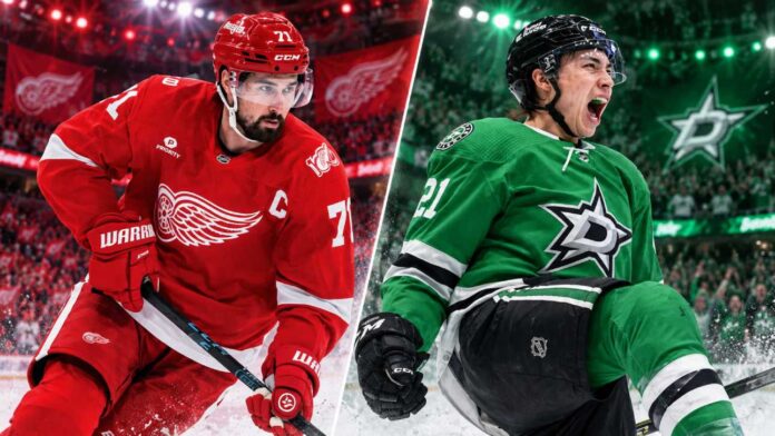 dylan-larkin-trade-rumors-dallas-stars-red-wings Split image of Detroit Red Wings captain Dylan Larkin and Dallas Stars forward Jason Robertson in an NHL trade-rumor concept image highlighting speculation about a possible Red Wings and Stars blockbuster before training camp.