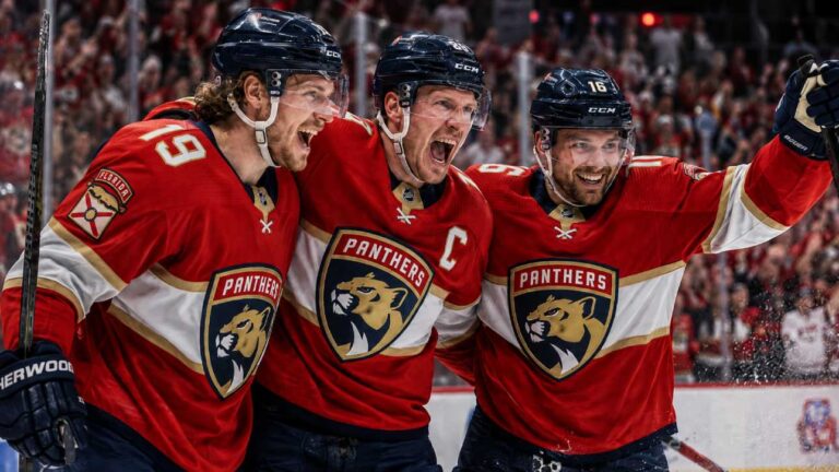 Matthew Tkachuk, Brady Tkachuk and Aleksander Barkov celebrate a Florida Panthers win entering the 2026-27 NHL season.