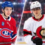 Split image of Montreal Canadiens defenseman Lane Hutson and Ottawa Senators forward Tim Stutzle ahead of the Canadiens vs. Senators fantasy hockey prediction for September 21, 2026.