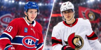 Split image of Montreal Canadiens defenseman Lane Hutson and Ottawa Senators forward Tim Stutzle ahead of the Canadiens vs. Senators fantasy hockey prediction for September 21, 2026.