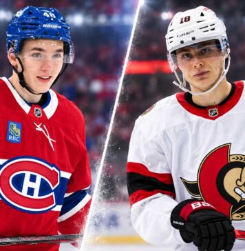 Split image of Montreal Canadiens defenseman Lane Hutson and Ottawa Senators forward Tim Stutzle ahead of the Canadiens vs. Senators fantasy hockey prediction for September 21, 2026.