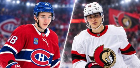 Split image of Montreal Canadiens defenseman Lane Hutson and Ottawa Senators forward Tim Stutzle ahead of the Canadiens vs. Senators fantasy hockey prediction for September 21, 2026.