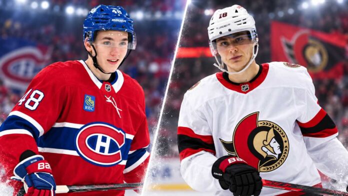hutson-stutzle-canadiens-senators-fantasy-prediction-2026 Split image of Montreal Canadiens defenseman Lane Hutson and Ottawa Senators forward Tim Stutzle ahead of the Canadiens vs. Senators fantasy hockey prediction for September 21, 2026.