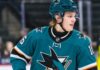 Ivar Stenberg Fantasy Hockey Prediction: How High Can the Sharks Rookie Climb in 2026-27? Ivar Stenberg wearing a San Jose Sharks home jersey and helmet in an action-style image for a 2026-27 fantasy hockey prediction