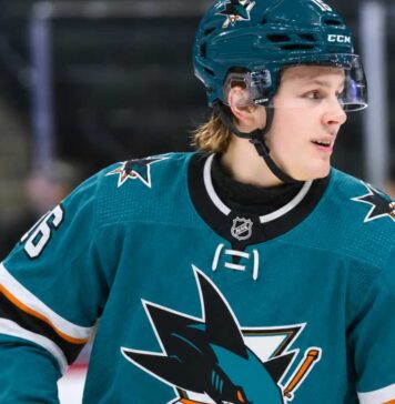 Ivar Stenberg Fantasy Hockey Prediction: How High Can the Sharks Rookie Climb in 2026-27? Ivar Stenberg wearing a San Jose Sharks home jersey and helmet in an action-style image for a 2026-27 fantasy hockey prediction