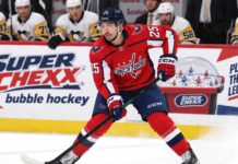 Jordan Kyrou Fantasy Hockey Projection: Can the Capitals Push Him Back to 70 Points? Jordan Kyrou in a Washington Capitals home jersey skates with the puck in front of a stylish Super Chexx bubble hockey boards ad and Pittsburgh Penguins bench