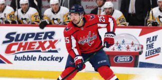 Jordan Kyrou Fantasy Hockey Projection: Can the Capitals Push Him Back to 70 Points? Jordan Kyrou in a Washington Capitals home jersey skates with the puck in front of a stylish Super Chexx bubble hockey boards ad and Pittsburgh Penguins bench