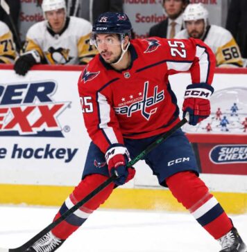 Jordan Kyrou Fantasy Hockey Projection: Can the Capitals Push Him Back to 70 Points? Jordan Kyrou in a Washington Capitals home jersey skates with the puck in front of a stylish Super Chexx bubble hockey boards ad and Pittsburgh Penguins bench