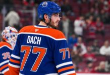 Edmonton Oilers Trade Rumors: Could Kirby Dach Be Montreal’s Next Trade Domino? Kirby Dach in an Edmonton Oilers home jersey amid NHL trade rumors linking the Oilers and Montreal Canadiens.