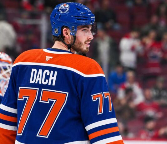 Kirby Dach in an Edmonton Oilers home jersey amid NHL trade rumors linking the Oilers and Montreal Canadiens.