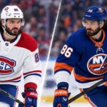 Kirill Marchenko pictured in Montreal Canadiens and New York Islanders jerseys amid NHL trade rumors involving the Columbus Blue Jackets.
