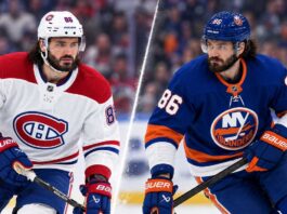 Kirill Marchenko pictured in Montreal Canadiens and New York Islanders jerseys amid NHL trade rumors involving the Columbus Blue Jackets.
