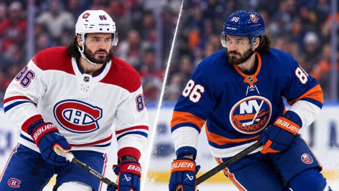 kirill-marchenko-islanders-canadiens-trade-rumors Kirill Marchenko pictured in Montreal Canadiens and New York Islanders jerseys amid NHL trade rumors involving the Columbus Blue Jackets.