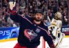 Canadiens Trade Rumors: Did Boston’s Kirill Marchenko Offer Just Force Montreal’s Hand? Kirill Marchenko of the Columbus Blue Jackets with a Boston Bruins goalie in the background amid Montreal Canadiens trade rumors