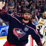 Canadiens Trade Rumors: Did Boston’s Kirill Marchenko Offer Just Force Montreal’s Hand? Kirill Marchenko of the Columbus Blue Jackets with a Boston Bruins goalie in the background amid Montreal Canadiens trade rumors