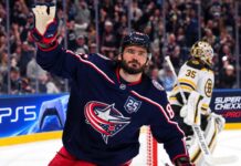 Canadiens Trade Rumors: Did Boston’s Kirill Marchenko Offer Just Force Montreal’s Hand? Kirill Marchenko of the Columbus Blue Jackets with a Boston Bruins goalie in the background amid Montreal Canadiens trade rumors