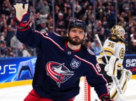 Kirill Marchenko of the Columbus Blue Jackets with a Boston Bruins goalie in the background amid Montreal Canadiens trade rumors